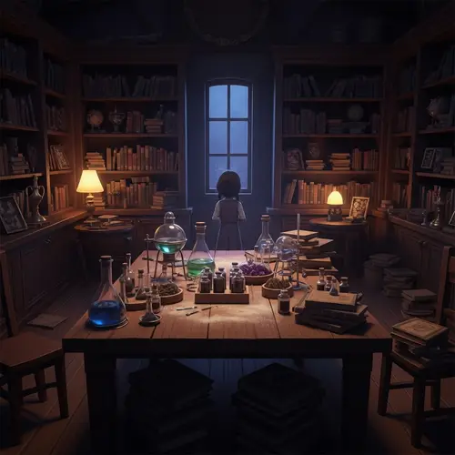 Mystical Secret Library with Alchemy Table and Enchanted Books