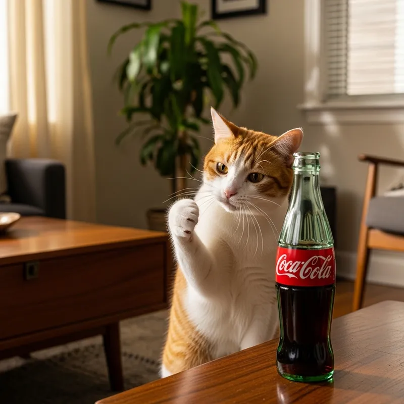 Curious Orange and White Cat Interacting with Coca Cola
