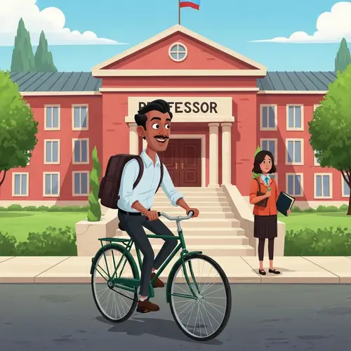Enthusiastic South Asian Male Professor Biking to Educational Institution