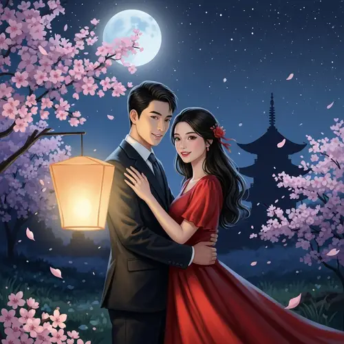 Romantic Asian Couple Painting in Moonlit Garden with Cherry Blossoms