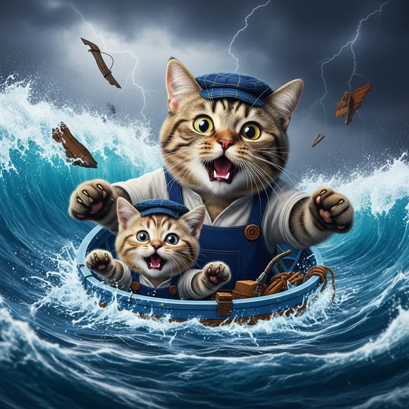 Struggling Scottish Cat and Kitten Battling in Stormy Waves