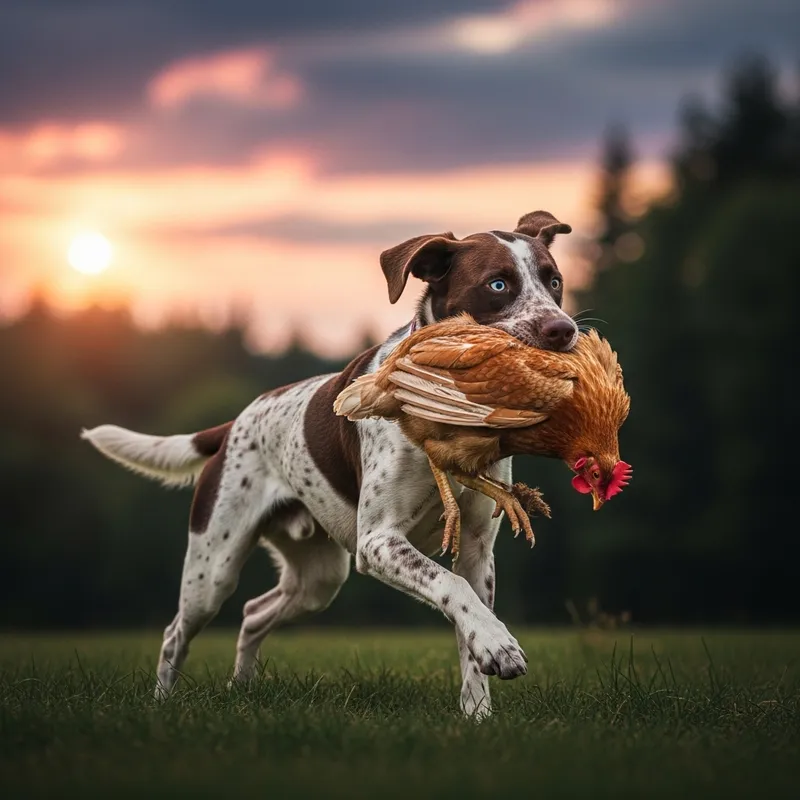 Playful Dog Grabs Chicken in Sunset Scene