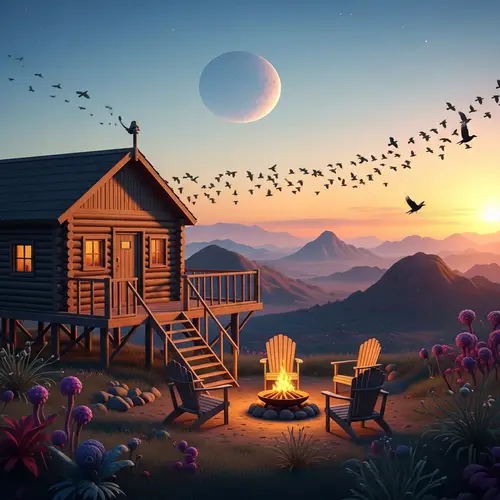 Realistic Log Cabin Overlooking Otherworldly Landscape