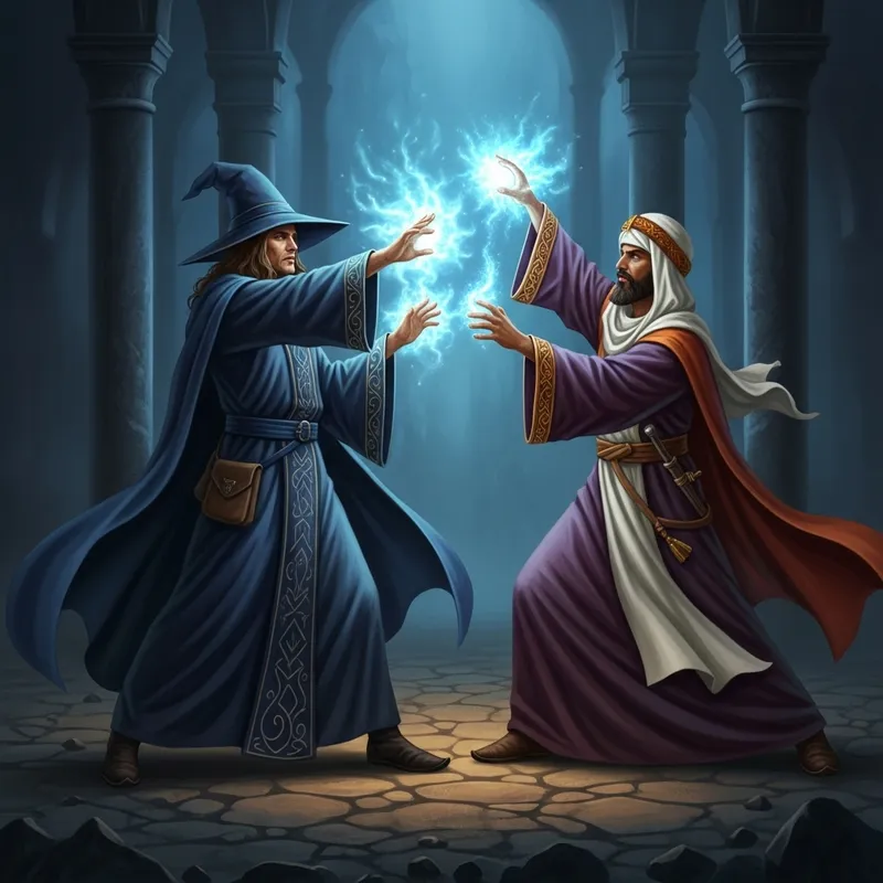 Dramatic Wizard vs. Priest Duel: Renaissance-inspired Fantasy Scene