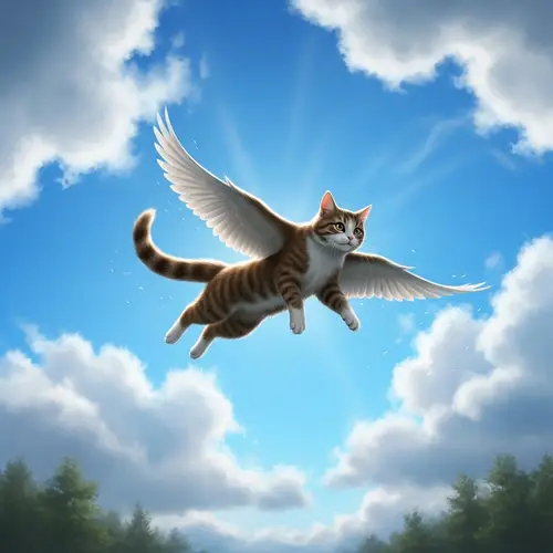 Flying Cat Soaring Over Tree Line | Fantasy Sky Scene