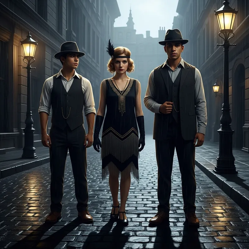 1920's Film Noir Style Street Scene Featuring Three Young Individuals