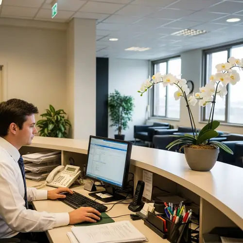 Professional Office Reception with Male Secretary and Office Items