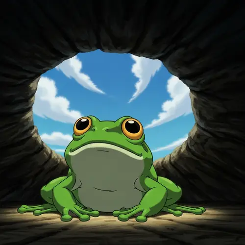 Whimsical Hand-Drawn Animation of Bright Green Frog in Pit