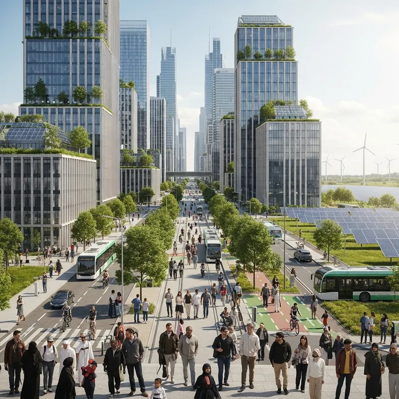 Ideal Green Cityscape with Diverse Residents & Sustainable Infrastructure