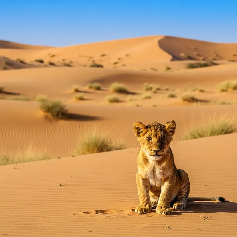 Cute Lion Baby in Sahara Desert