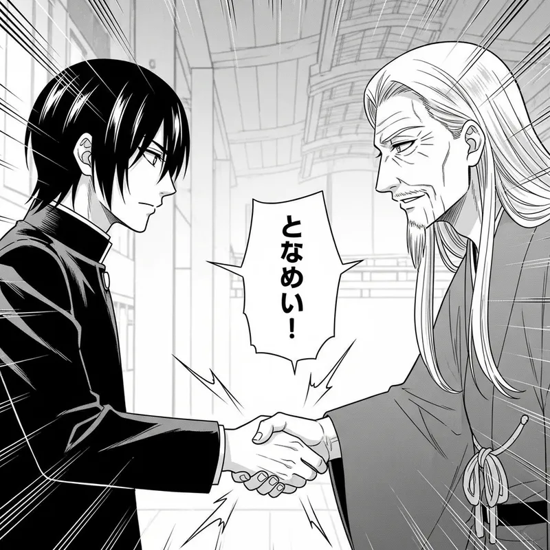 Unique Manga Handshake Scene with Distinctive Characters
