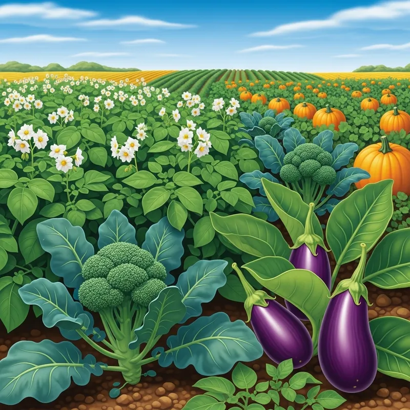 Colorful Vegetable Field: Potato, Broccoli, Pumpkins, and Eggplants Colorful Vegetable Field: Potato, Broccoli, Pumpkins, and Eggplants