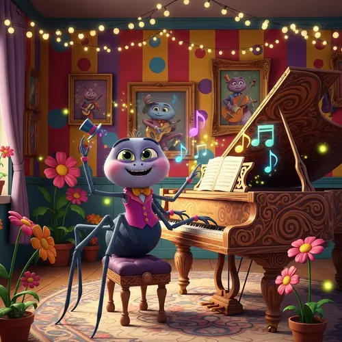 Whimsical Spider Playing Grand Piano in Lively Room