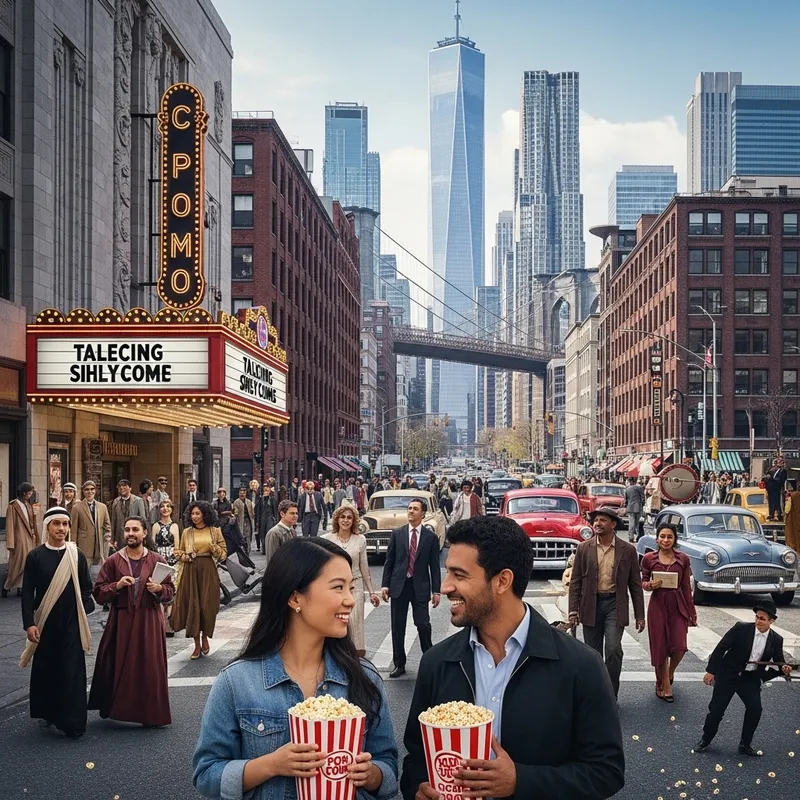 Famous Movies Cityscape with Diverse Characters Famous Movies Cityscape with Diverse Characters