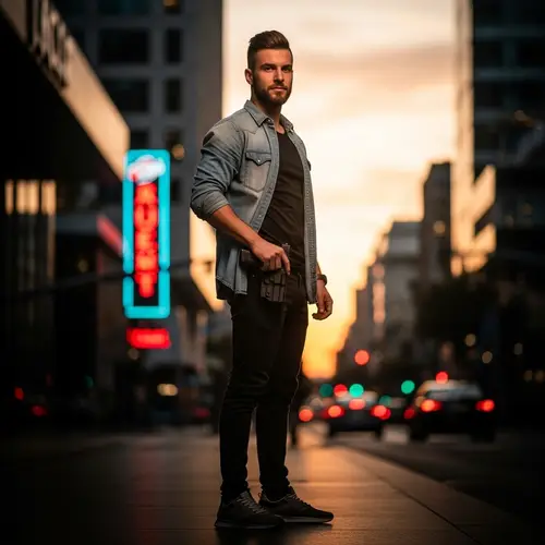 Confident Caucasian Gay Man in Casual Outfit with Modern Handgun