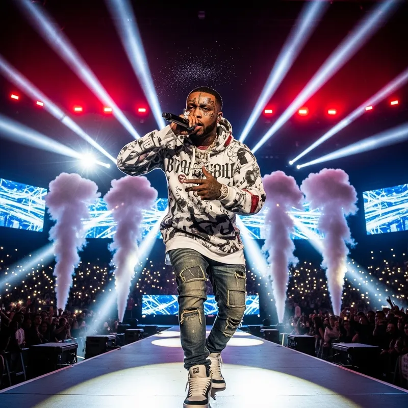 Fat 21 Savage | Vibrant Rapper in Urban Street Fashion on Stage