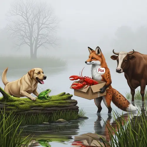 Misty Marshland: Dog, Frog, Fox, Lobster, and Ox - Creative Wildlife Scene