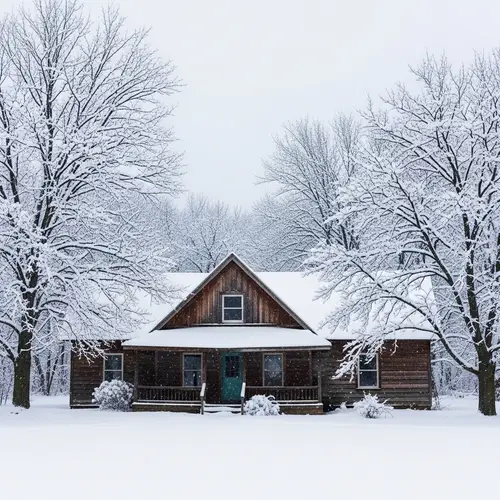 Rustic Winter House Surrounded by Snow-Covered Trees