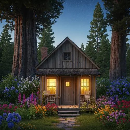 Quaint Wooden Cabin in Lush Forest | Enchanting Twilight Scene