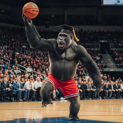 Talented College Graduate Gorilla Scores Basketball at Tense Game