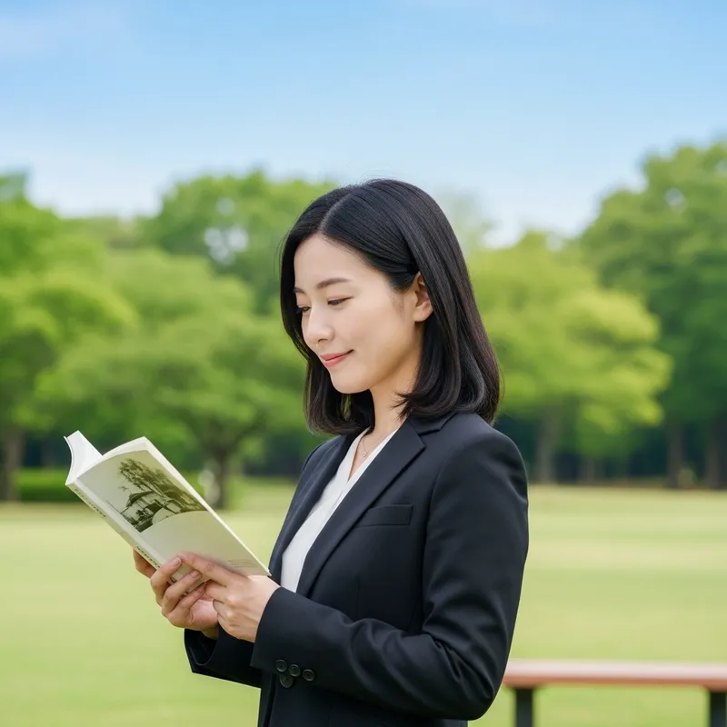 Elegant Asian Woman Reading Book in Peaceful Park