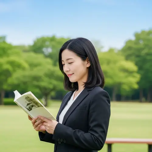 Professional Asian Woman Enjoying Book in Serene Park Setting