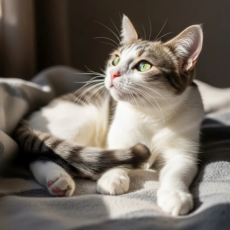 Cozy Cat Napping on Soft Blanket | Gorgeous White and Grey Feline
