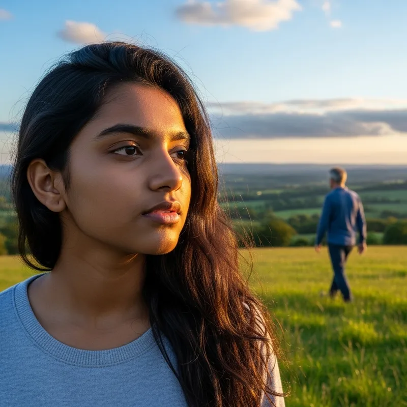 Teenage Girl gazing at Man in Quaint Countryside Scene