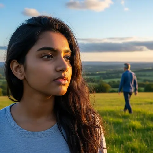 Teenage Girl Gazing at Distant Man in Quaint Countryside