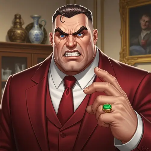 Elegant Man in Dark Red Suit with Angry Expression