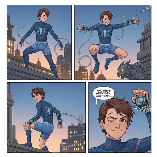 Spiderman Comic Strip: Short-Haired Boy in Blue Costume with Silver Chains