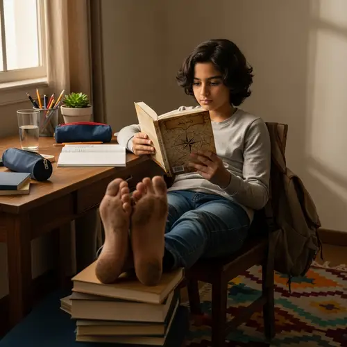 Middle Schooler Reading Book with Dirty Bare Soles | Kids Study Scene