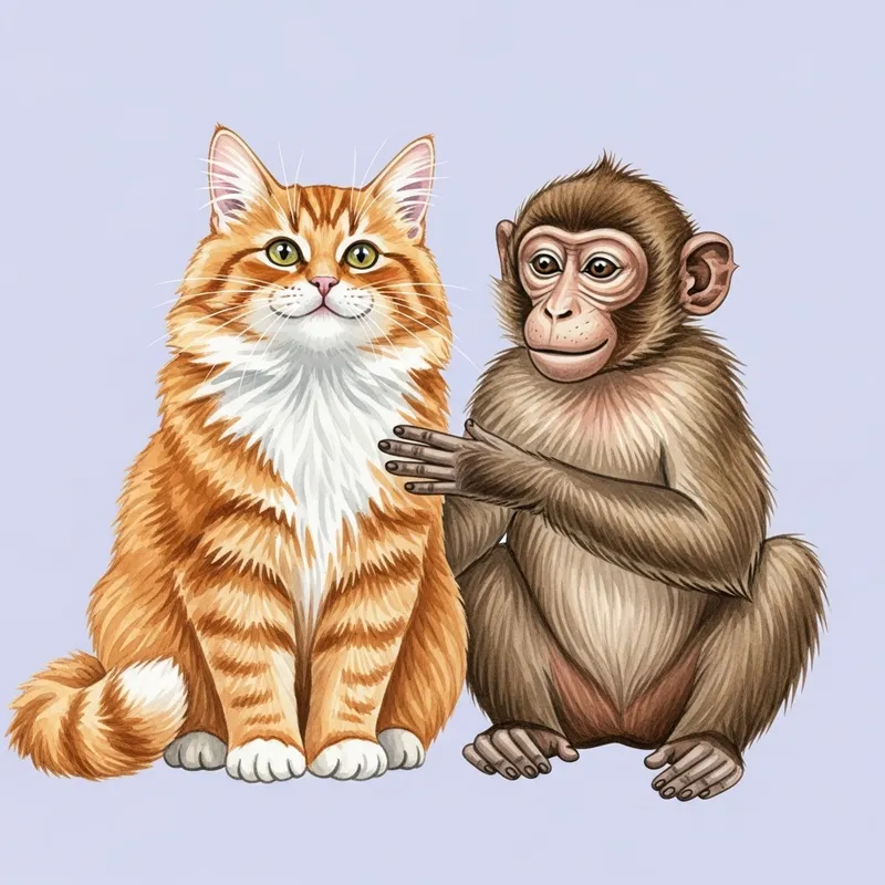 Happy Cat & Monkey Smiling in Friendship Painting