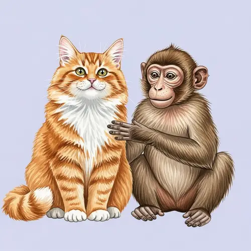 Joyful Interspecies Friendship: Ginger Cat and Playful Monkey Watercolor Painting
