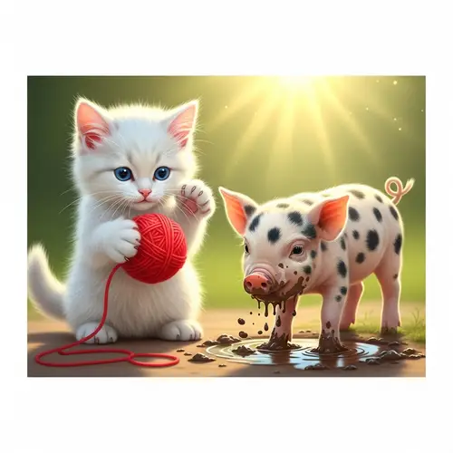 Cute Kitten and Piglet Playful Scene