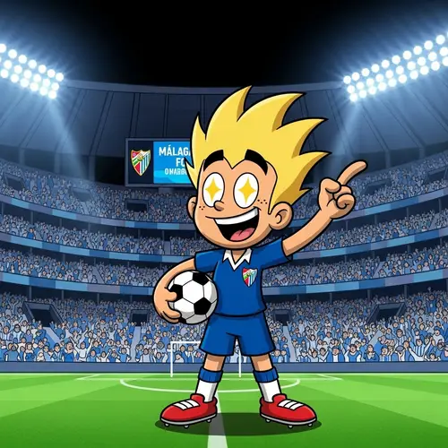 Cheering Málaga FC Football Stadium Scene with Cartoon Character