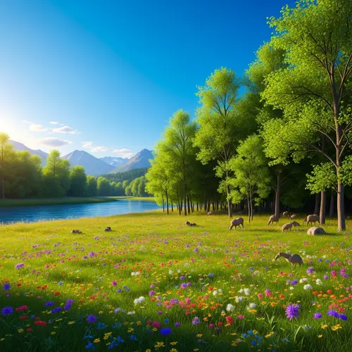 Lush Landscape with Diverse Flora and Fauna | Meadow, River, Wildlife