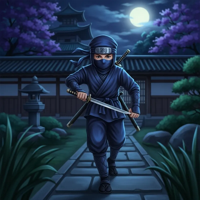 Young Ninja Boy in Moonlit Japanese Garden Young Ninja Boy in Moonlit Japanese Garden