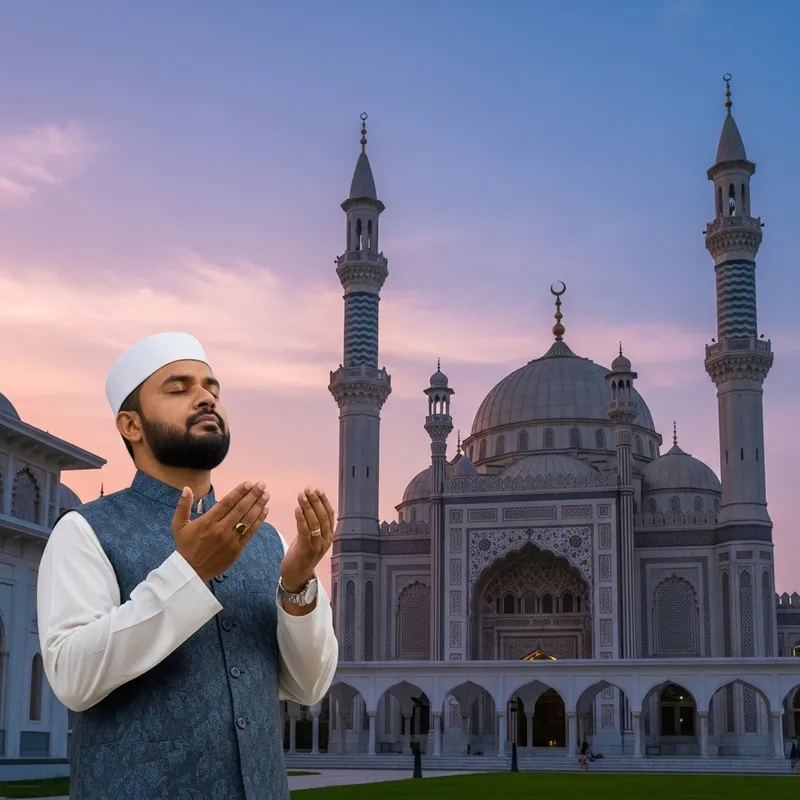 Man Making Dua at Beautiful Mosque