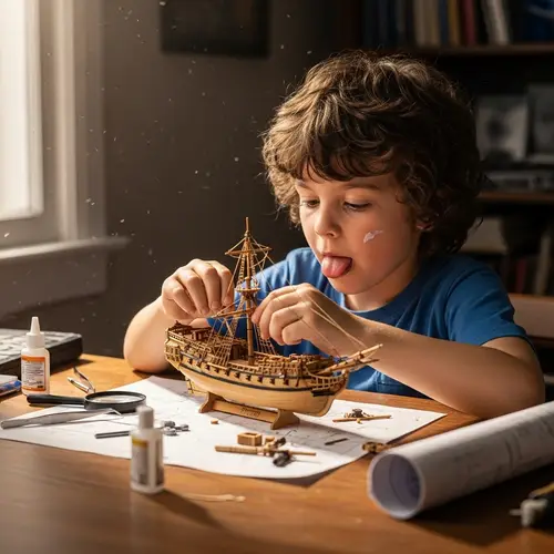 Curly-Haired Boy Assembling Ship