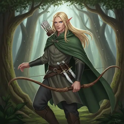 Master Archer Elf in Green Cloak with Striking Blue Eyes