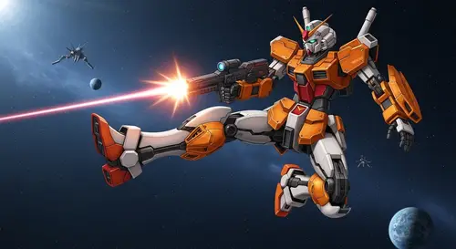 Dynamic Orange and White Gundam in Space Firing Beam Rifle | Futuristic Infographic Style