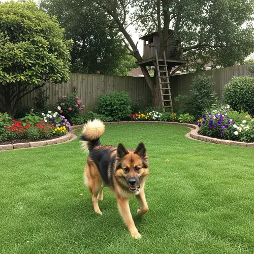 Playful Dog Chasing Tail in Suburban Garden