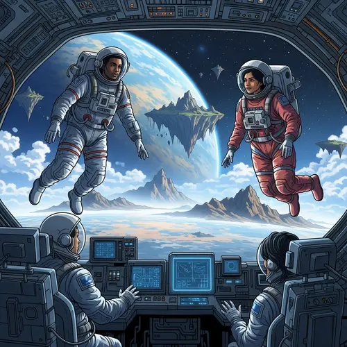 Diverse Astronauts Exploring Cosmos - Multicolored Planet Scene