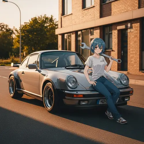 Vintage 1980 Porsche 911 Turbo S on Quiet City Street with Anime-Style Character