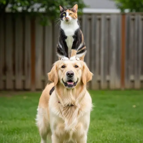 Cat Sitting on Friendly Dog's Head - Harmony Between Species