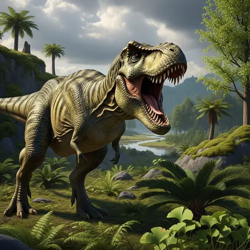 Fierce Tyrannosaurus Rex Roaring in Prehistoric Landscape