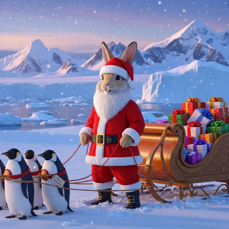 Santa Rabbit in Antarctica with Sleigh