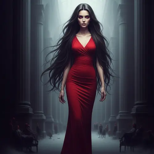 Towering Beauty: Enigmatic Woman Captured in Red Dress
