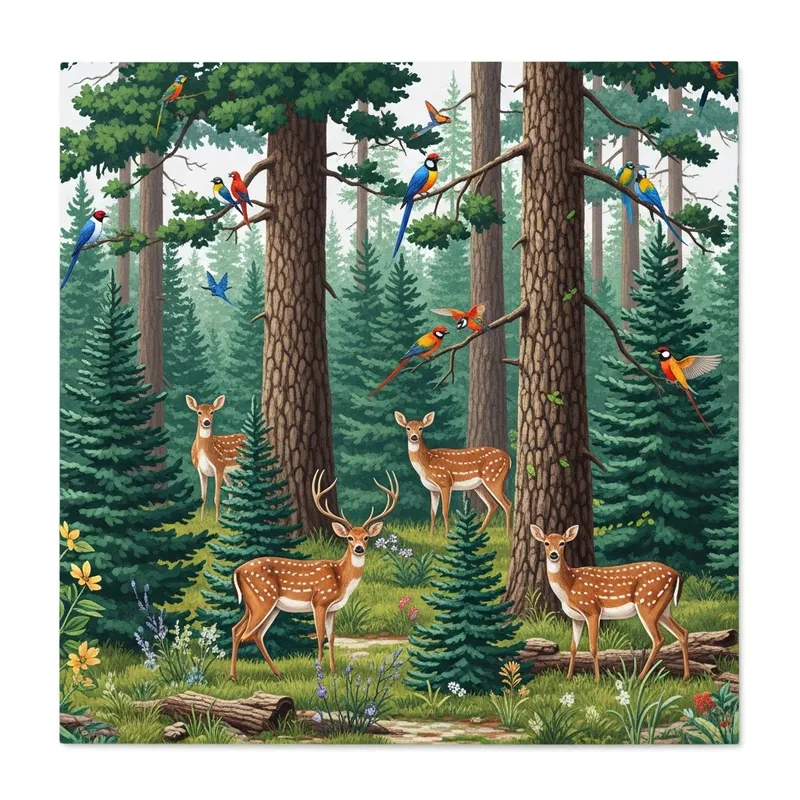 Beautiful Pine Forest with Deer and Colorful Birds
